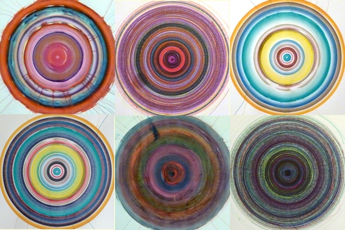 marker and watercolor on paper, each 14 inches across